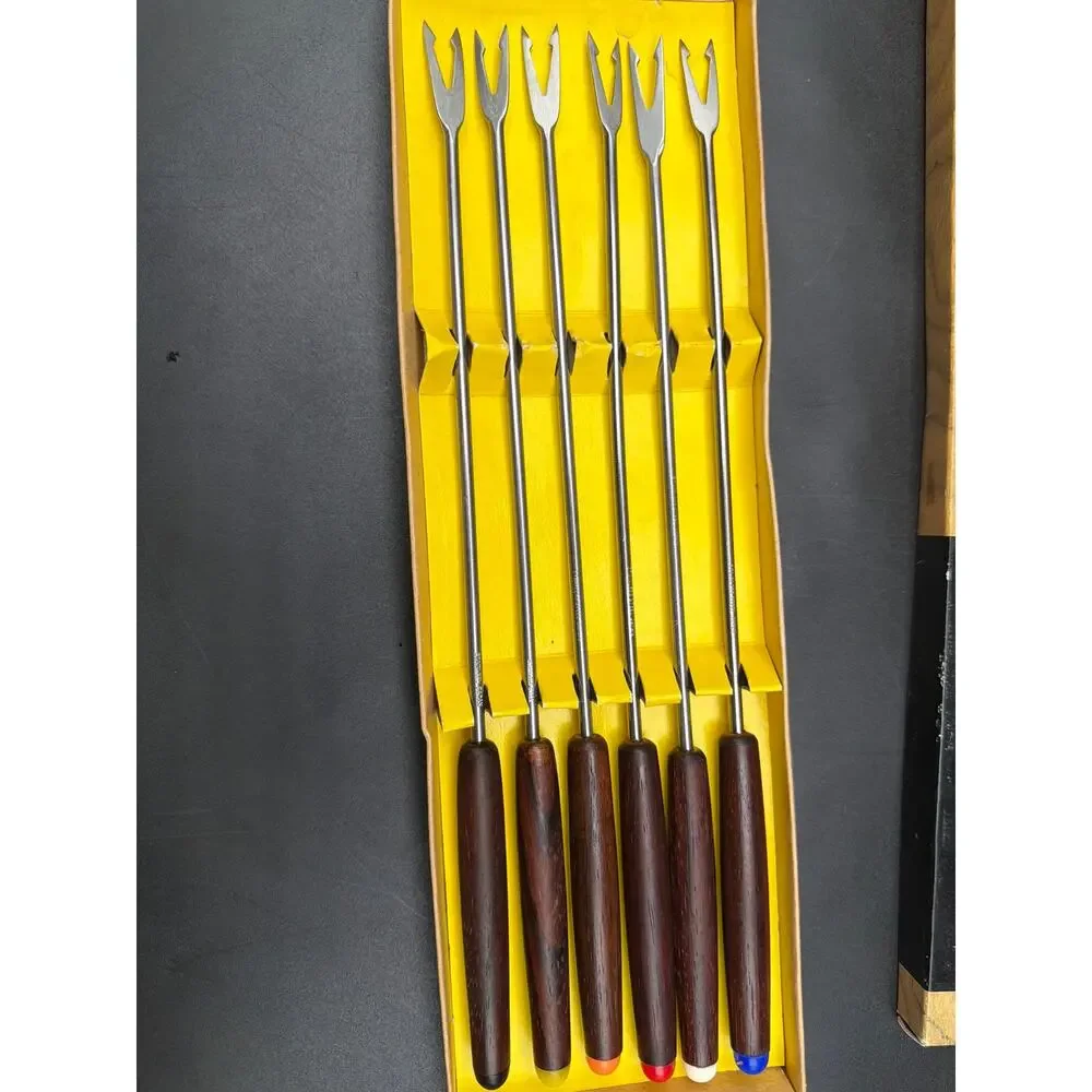 Vintage Fondue Fork Set 6 Stainless Steel Japan Wood Handles In Box mid century